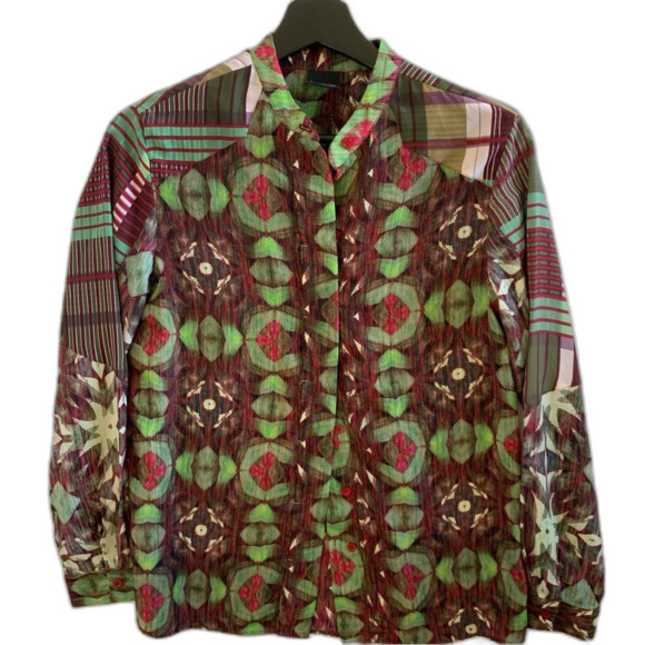 Sacada Abstract Red Green Long Sleeve Button Up Top Size Small - Picture 1 of 15